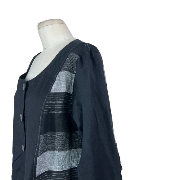Tara Vao Collarless Button Top in Black Gray Stripe Lagenlook‎ Size XL - Picture 5 of 12